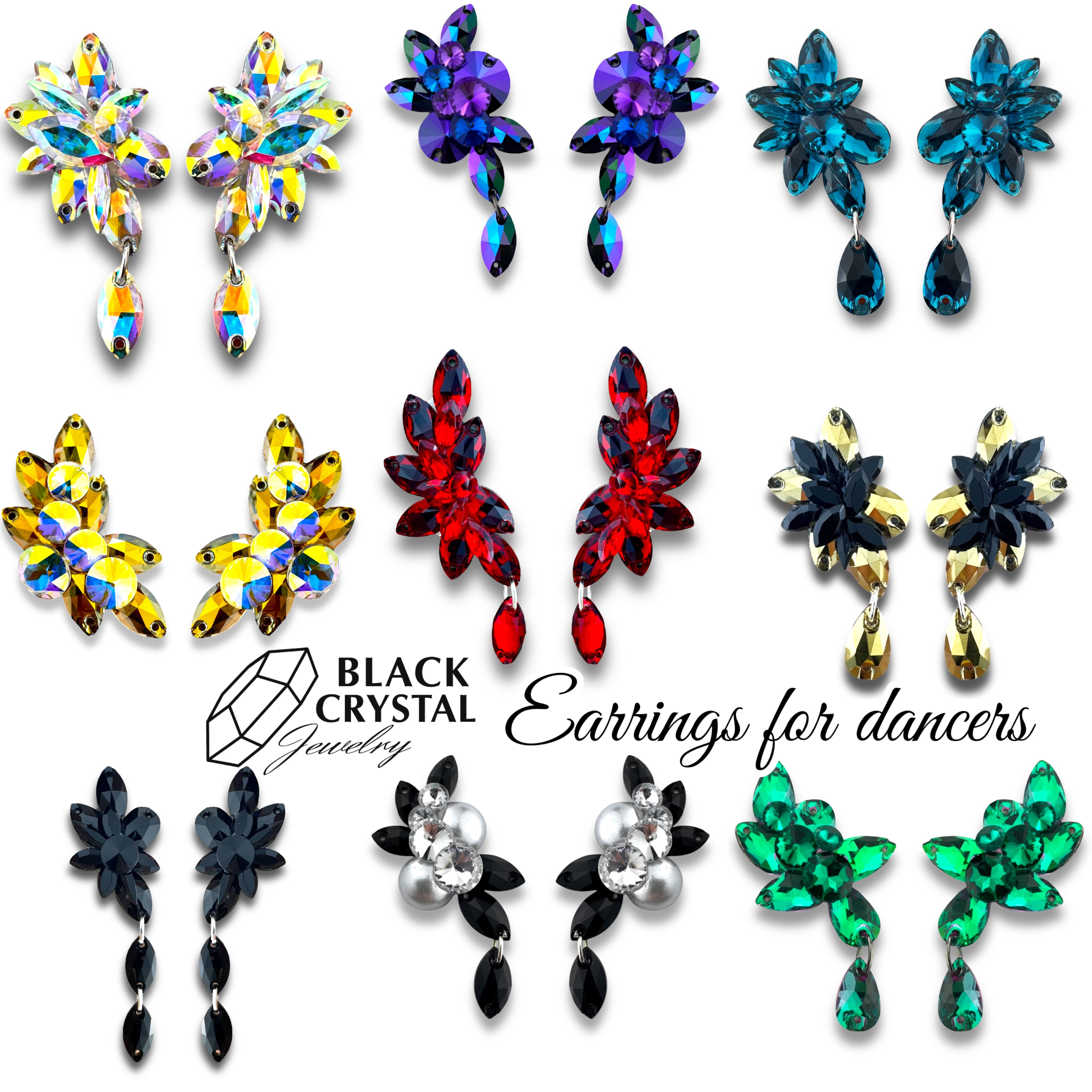 BALLROOM EARRINGS ,  BLACK CRYSTAL